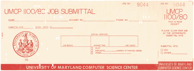 [University of Maryland job card] 