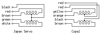 
                                red -------------
     black -------------        red -------------|- 
       red -----------  |    yellow -----------  | |
                      | |                      | | |
     brown ---\/\_/\/-  |    orange ---\/\_/\/-  | |
                 |______|                 |______| |
                 |                         ________|
     green ---/\/ \/\-                    |    
                      |       black ---/\/ \/\-
     white -----------                         |
                              brown -----------
           Tandon
         Japan Servo            Copal Electronics
