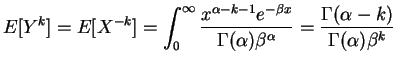 $\displaystyle E[Y^k] = E[X^{-k}] = \int_0^\infty \frac{x^{\alpha-k-1} e^{-\beta x}}{\Gamma(\alpha) \beta^\alpha} = \frac{\Gamma(\alpha-k)}{\Gamma(\alpha)\beta^k}$