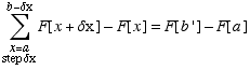 Underoverscript[∑, Underscript[x = a, step δx], arg3] F[x + δx] - F[x] = F[b '] - F[a]