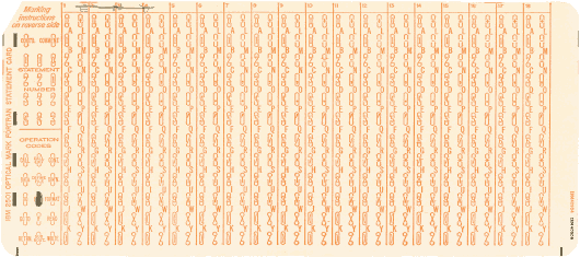  [IBM optical-scan FORTRAN card, front] 