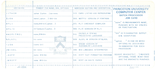  [Princeton University batch job card] 