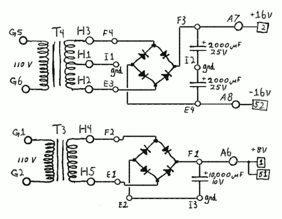 link to schematic, 2 transformers, bridges, capacitors for each