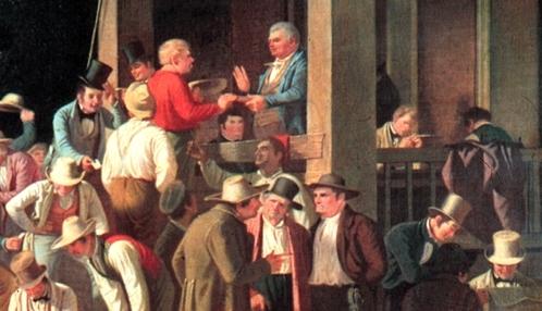  [painting of a crowded polling place] 